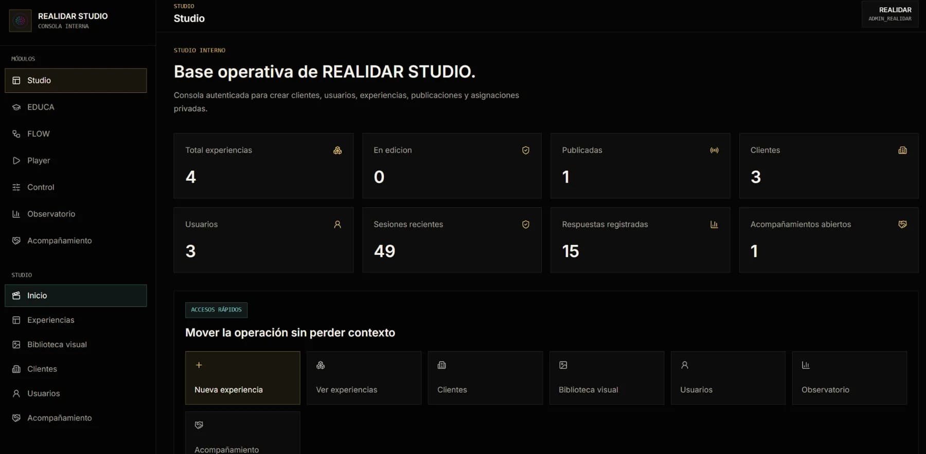 Consola interna REALIDAR Studio